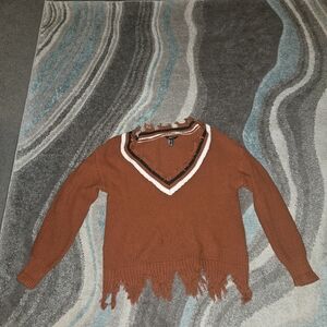 Forever 21 Rust V-Neck Fringe Sweater with Black & White Trim
